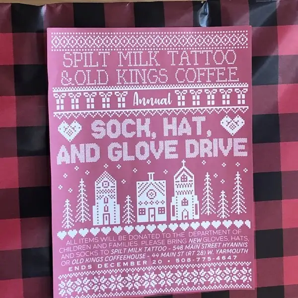 Sock, Hat and Glove Drive poster from Spilt Milk Tattoo and Old King's Coffee