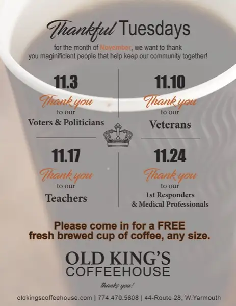 Thankful Tuesdays poster offering a free fresh brewed cup of coffee