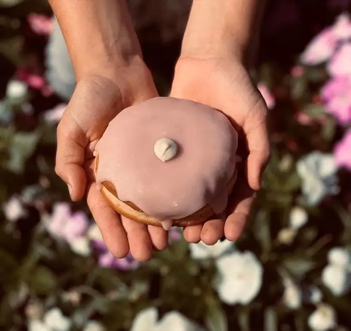 Pink-frosted doughnut held in two hands