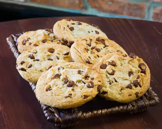 Chocolate chip cookies on a wicker tray