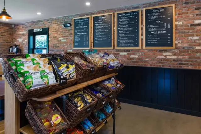 Retail shelves beside the counter