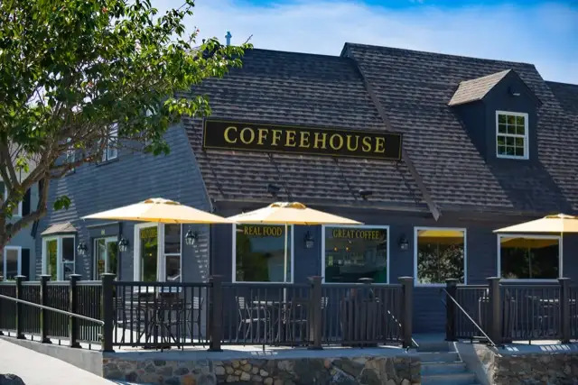 Coffeehouse patio with umbrellas